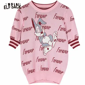 ELFSACK Roz Desene animate coreene Femei Pulovere Tricotate Pulovere,2020 Toamna Maneca Scurta,Casual, Fete de Bază Dulce de zi cu Zi Top Drăguț