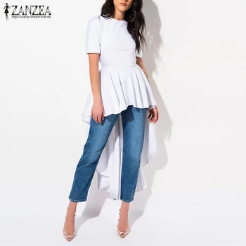 Moda Femei Asimetrica Bluza ZANZEA de Vara cu Maneci Scurte din Dantela-Up Topuri Lungi Solidă Zip Spate Blusas Halat Ridicat Scăzut Tricou Vestido