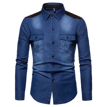 Mozaic de piele de Căprioară, Denim Camasa Barbati 2018 Toamna anului Nou Maneca Lunga Jeans Shirt Mens Hipster Streetwear Tricouri de Bumbac Camasa pentru Barbati 3XL