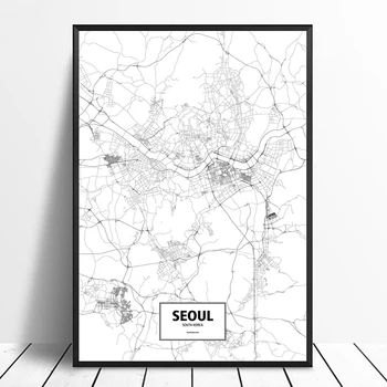 Seul, Coreea De Sud Negru Alb Personalizat Lume Hartă A Orașului Poster Canvas Print Stil Nordic Arta De Perete Decor Acasă