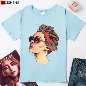De Vară 2020 Vogue Fată de imprimare Femei tricou Casual cu maneci Scurte O-neck T-Shirt de Moda Alb Tricou Camiseta Feminina