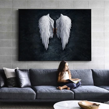 Pană de înger Alb și Negru Aripi Tablouri Canvas Postere si Printuri de Arta de Perete de Imagine pentru Camera de zi de Decorare Acasă