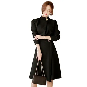Afaceri Butoane Rochie Nouă 2019 Femeile de Primăvară Formale Negru Guler Roșu de Muncă Moda Rochie cu Maneci Lungi Eșarfe OL Vestidos