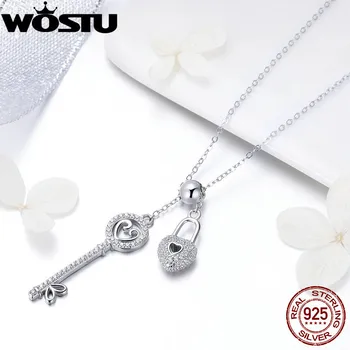 WOSTU Real Argint 925 Cheia de Blocare Inima Pandantiv Colier Pentru Femei Prietena Soția Brand de Bijuterii Cadou FIN290