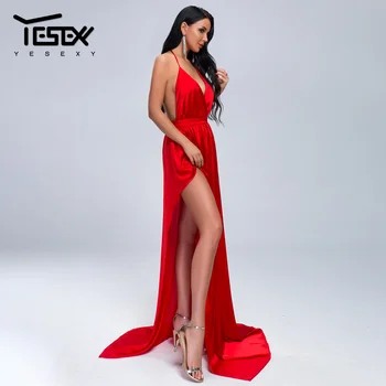 Yesexy 2021 Sexy Adânc V-Gât Culoare Solidă Spaghete Curea de Înaltă Split Roșie Femei Rochii de Petrecere de Vara cu Spatele gol Rochie Maxi VR19433