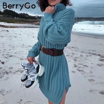 BerryGo alb Elegant tricotate femei rochie de gât de sex feminin toamna pulover scurt rochii Casual de vacanta doamnelor iarna vestidos