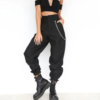 Toamna vintage lanț negru pantaloni femei mijlocul talie pantaloni jogging pantaloni largi femei streetwear plus dimensiune