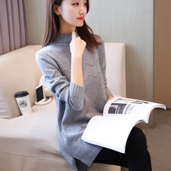 Coreeană Pulover tricot Pulover Femei 2021 Nou Toamna iarna Mid-lungime Jumătate de înaltă guler Tricou Vrac Gros Solid Pulovere Femei