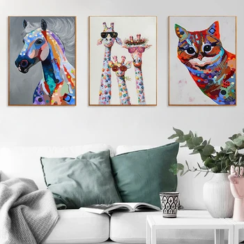 Colorat Girafa Drăguț Și Pisică Și cal Panza Pictura desen Animat Animale Postere Si Printuri Poze de Perete Pentru Living Decorul Camerei