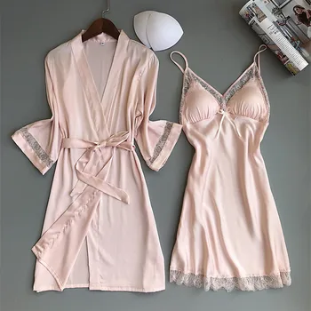 Fiklyc pentru femei brand somn & lounge două bucăți roba & rochie de seturi sexy hollow out dantelă & satin sex feminin mini cămașă de noapte halat de baie set