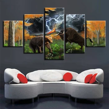 Poster Modular Panza Imagini HD Tipărite 5 Bucăți de Animale de Pluș Și Taur Fulger Abstract Peisaj Pictura de Perete Cadru Art Decor