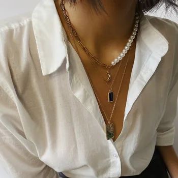 Multi Stratificat Lanț Perla Cravată Colier Guler Declarație De Epocă Luna Pe Gât Pandantiv Colier Set Femeile Estetice Bijuterii