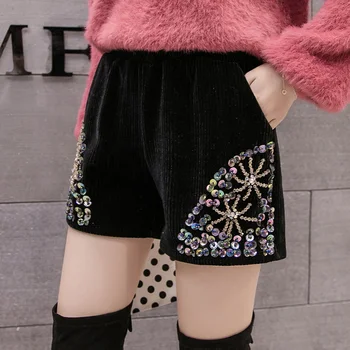 Moda Pantaloni De Catifea Cord Pantaloni Scurți Femei Stil Coreean 2020 Toamna Iarna Talie Mare Cu Mărgele, Paiete, Pantaloni Scurți, Cizme, Pantaloni Scurți Femme Plus Dimensiune