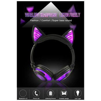 Fără fir Bluetooth Casti Pliabile Intermitent Pisica Copii Ureche Căști Cască Jocuri cu LED-uri de Lumină Violet