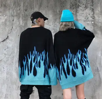 Coreeană largi tricotate flacără bărbați și femei hip hop streetwear o-gât pulover pulover