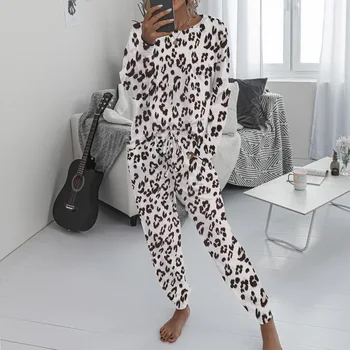Femei Set de Pijama Casual Leopard de Imprimare Homewear Femei Toamna Iarna Pijamale, Pantaloni Lungi Pijamale Pijama 2 piese poliester