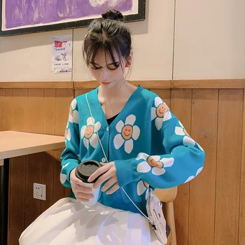 Femei Stil coreean Imprimare Florale V-neck Cardigane Tricotate Femei Casual Supradimensionate Toate-meci Pulover O Mărime