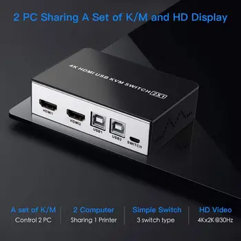 4K HDMI USB Switch KVM 2 Porturi HDMI KVM Selector pentru 2 calculatoare Schimbul 1 Monitor HD și 4 Dispozitive USB, Suport tastatură fără fir