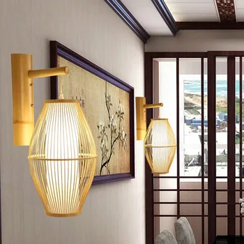Japoneze lampă de Perete pentru camera de zi Dormitor Magazin de Ceai lumini de perete din lemn de Bambus de Răchită Rattan Abajur Felinar oriental lampă de perete