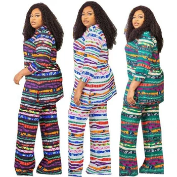 2 Peces Set Pentru Femei Cu Maneci Lungi Imprimate Femeie Cămașă Bluză Și Cu Dungi De Imprimare Full Pantaloni De Potrivire Seturi 2021 Costume Pentru Femei