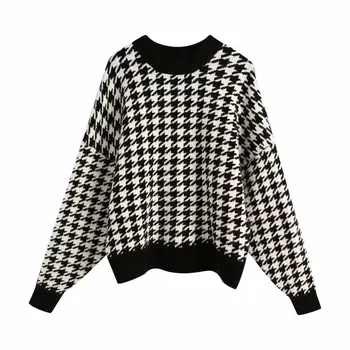 Nouă Femei Pulover Tricot Houndstooth mâneci Lungi Rotund gat Pulover Casual-pulover femme vetement ropa mujer