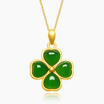 Clasic trifoi verde jad pietre pretioase aur 18k culoarea pandantiv coliere pentru femei cravată lanț de bijuterii bijoux bague cadou de ziua de nastere