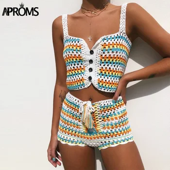 Aproms Multi Dungi Manual Croșetat Femei 2 Bucata Set de Vară pe Plajă Crop Top si pantaloni Scurti Vintage Lace Up Romer Bikini Beachwear