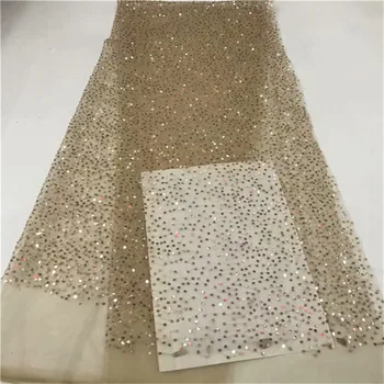 2019 înaltă calitate francez tul dantela tesatura din Africa paiete net dantela cu sclipici material cu margele de argint și de aur pentru rochia de mireasa