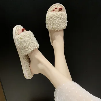 De iarnă pentru Femei de Moda de Origine Papuci de casă Faux Blana Caldă Pantofi Femei Bej Bază Apartamente Blană de sex Feminin 1,5 cm Toc Plus Dimensiune 36-41