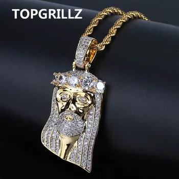 TOPGRILLZ Hip Hop de Moda Noua Culoare de Aur Placate cu Gheață Mare CZ Piatra Mascat Isus Fata Pandantiv Colier de Cristal Cu Trei Tip