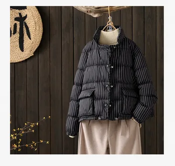 Toamnă iarnă stil retro cu dungi rață jos strat de sex feminin stand guler imprimate cald jos haine pufos moale în jos jacheta parka F334