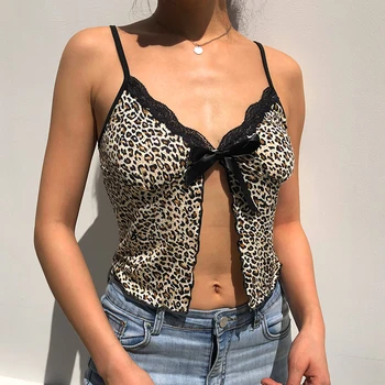 Sexy Leopard de Imprimare Y2K Estetic ' 90 Culturilor Topuri Femei V-neck Arc Maro Topuri Harajuku Epocă Clubwear Bretele Teuri Cuteandpsycho