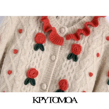 KPYTOMOA Femei 2021 Moda Cu Detalii Florale Trunchiate Cardigan Tricotate Pulover Vintage Maneca Lunga Femei Îmbrăcăminte exterioară Topuri Chic