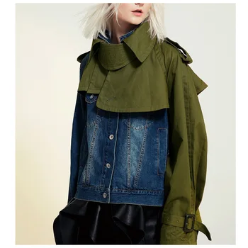 DECESUL 2021 haine noi de moda guler de turn-down îmbinat mozaic verde jacheta denim pieptul singur strat scurt WK47004L