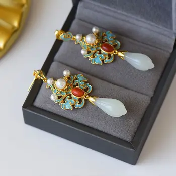 Naturale Hetian Alb Magnolia email porțelan Cercei Chineză retro de lux farmec elegant pentru femei bijuterii de argint