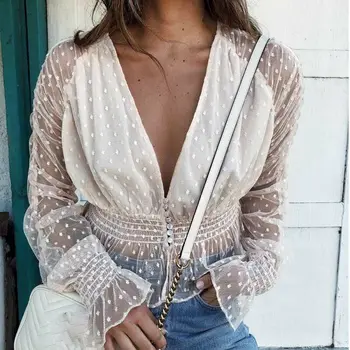 Femeile 2019 vara ochiurilor de plasă pur bluze elegante femei de vacanță cu maneci lungi transparente vedea prin v adânc gât bluza sexy tricouri