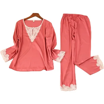 Lisacmvpnel Imitație De Mătase Pentru Femei Set Pijama Cu Maneca Lunga Costum Sexy De Dantelă Pijamale