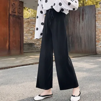 Femei Talie Mare Largi Picior Decora Pantaloni Cutat Șifon Vară Cordon Liber De Gheata Rece Pantaloni De Mătase Femeie Coreean Streetwear