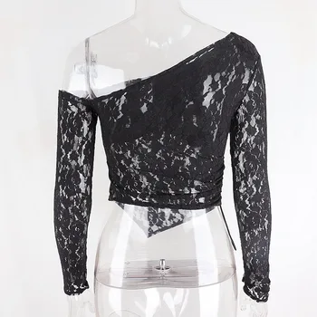 Dantelă Florale Gotic Culturilor T-Shirt Negru Mall Goth Alb Cu Maneci Lungi Femei Topuri Pe Un Umăr Rochie Bodycon Haine Transparente