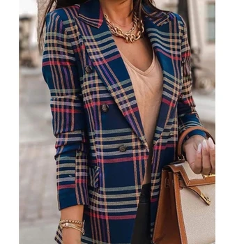 Femei Blazer Bluze de Primavara Toamna Vintage chic cu Maneci Lungi Rever Haină la două rânduri Carouri Slim Blazer Jacheta Haine Plus Dimensiunea