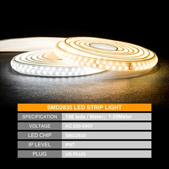 Nu Flicker 1-20M LED, Banda Flexibila 220V IP67 rezistent la apa SMD2835 188Leds/m de Mare Luminozitate Fundal TV Decor Plafon Lampă