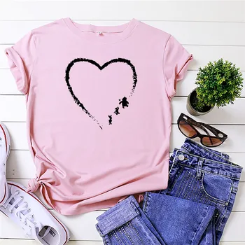 Bumbac Plus Dimensiune S-5XL Tricou Nou de Desene animate Inima de Imprimare T-Shirt Femei O Gâtului Maneca Scurta de Vara Tricouri Femei Roz Topuri