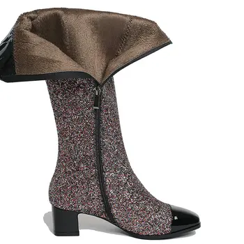 Euro Stil Nou Sosire, Femeile bling Cizme genunchi ridicat 4.5 cm tocuri inalte Primavara Toamna petrecere de nunta Pantofi de Femeie dimensiune 34-43
