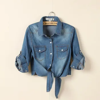 Vânzare fierbinte Fete Slim Top de Vara Noi Femei Casual mâneci Trunchiate Tricou Femei Tricouri Denim Moda pentru femei Bluza Scurt XZ120