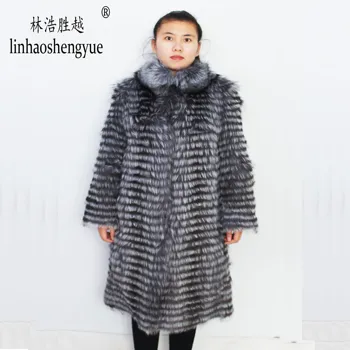 Linhaoshengyue 90cm timp real Silver fox red fox natura haină de blană Lână tricot de linie,elegant stand guler