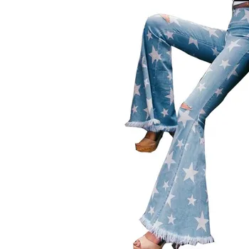 Wepbel Femei Steaua Tipărite Rupt Blugi Tassled Marginea Clopot-fund Pantaloni din Denim de Vară 2020 Plus Dimensiune Blugi Talie Mare Pantaloni