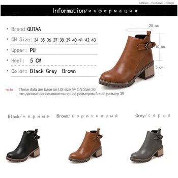 QUTAA 2020 Moda se Potrivesc Femei Cizme Glezna Pătrat Toc Înalt Pantofi Femei Rotund Toe Fermoar din Piele Pu pentru femei Cizme pentru Femei Dimensiune 34-43