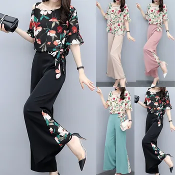 Femei de moda de Vară Florale de Imprimare cu Maneci Scurte T-shirt, Blaturi Lungi Largi Picior Pantaloni Split 2 Bucata Set Sifon Elegant Costum#g3