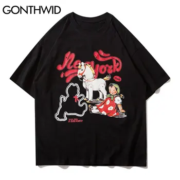 GONTHWID Tricouri Tricouri Streetwear Bărbați Hip Hop de Desene animate Drăguț, Fată, Cal, Urs Print cu Maneci Scurte T-Shirt Casual Bumbac Harajuku Topuri