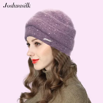 Joshuasilk Iarna Femei Pălărie Tricotate Angora Moda cu Dungi Pălărie Dublă Pălărie Cald